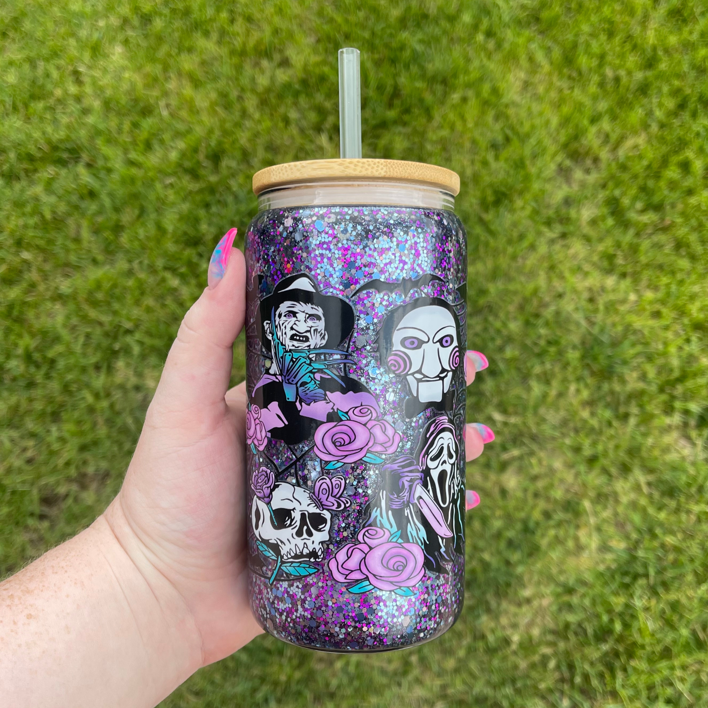 Floral Horror 16oz Glitter Glass Can
