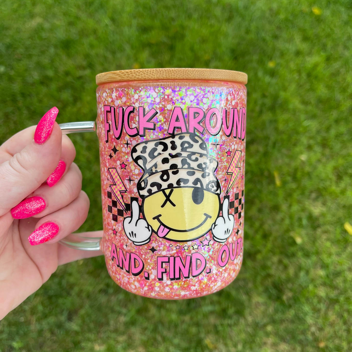 F Around and Find Out 15oz Glitter Glass Mug