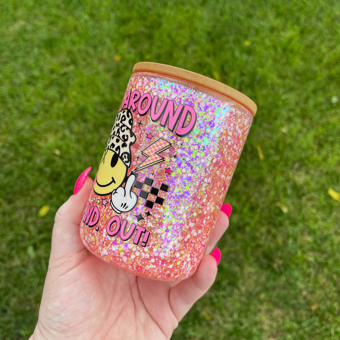 F Around and Find Out 15oz Glitter Glass Mug