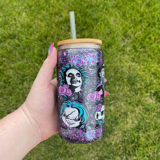 Floral Horror 16oz Glitter Glass Can