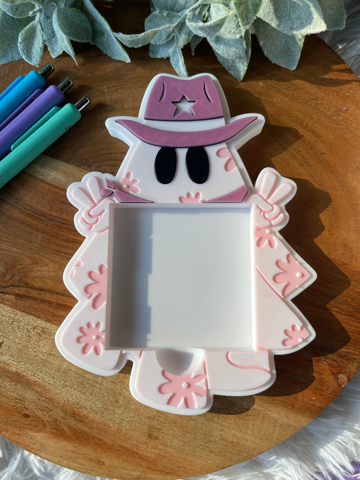 Cowgirl Ghost Sticky Note Holder – Pink Halloween Desk Decor for 3x3 Sticky Notes